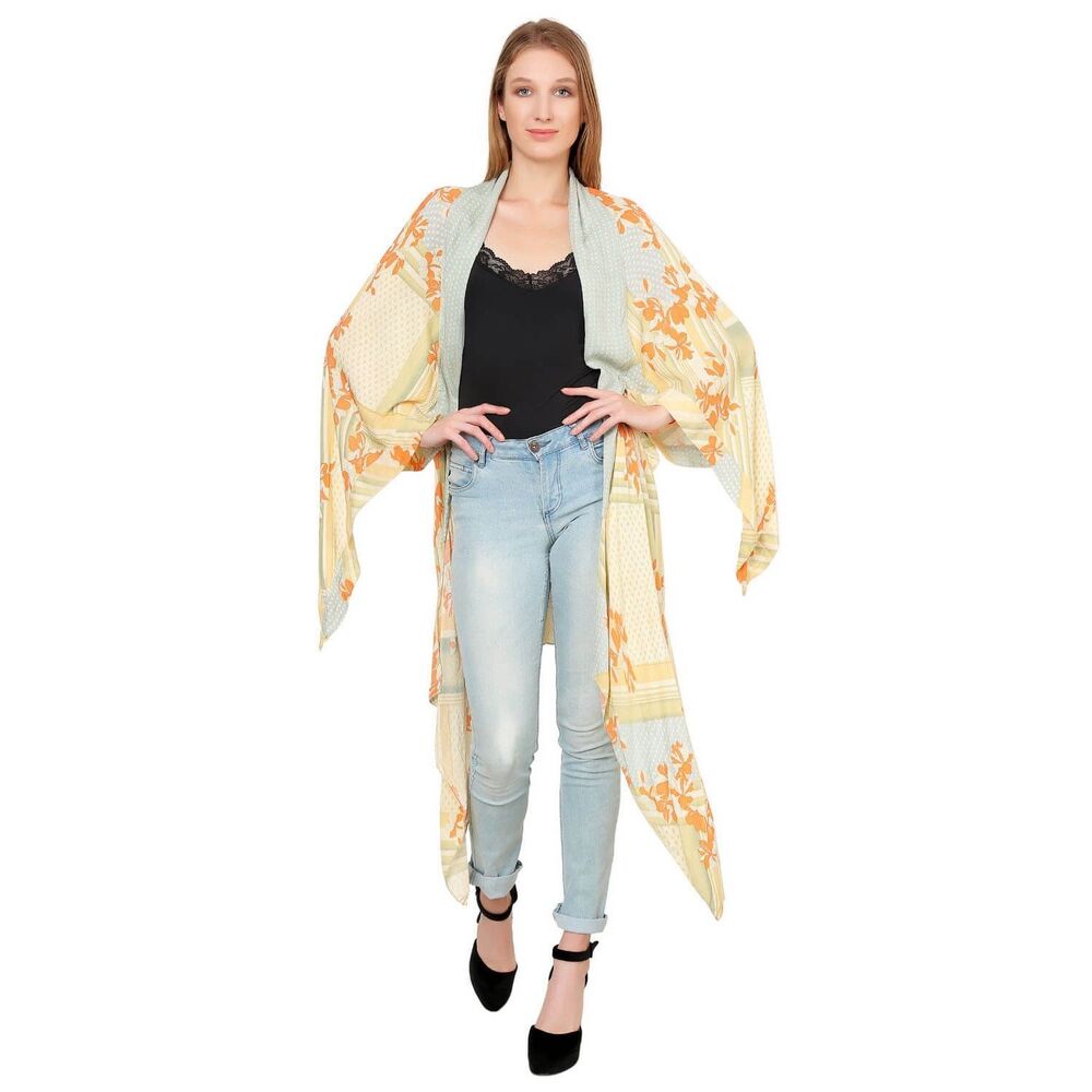 FREE PEOPLE Women’s Yellow Orange Floral Long Sleeve Open Front Kimono One Size